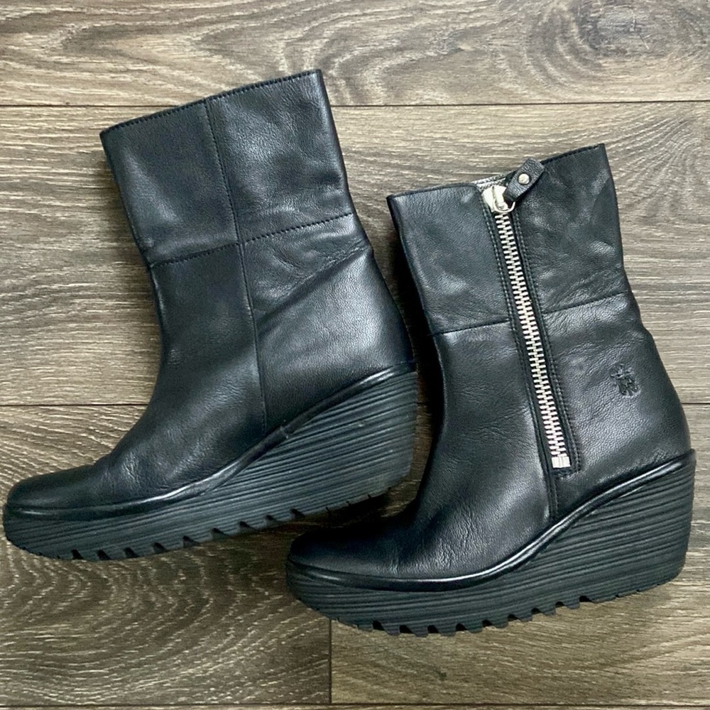 FLY London Yex Leather Fold-over Wedge  Boots - Picture 2 of 16